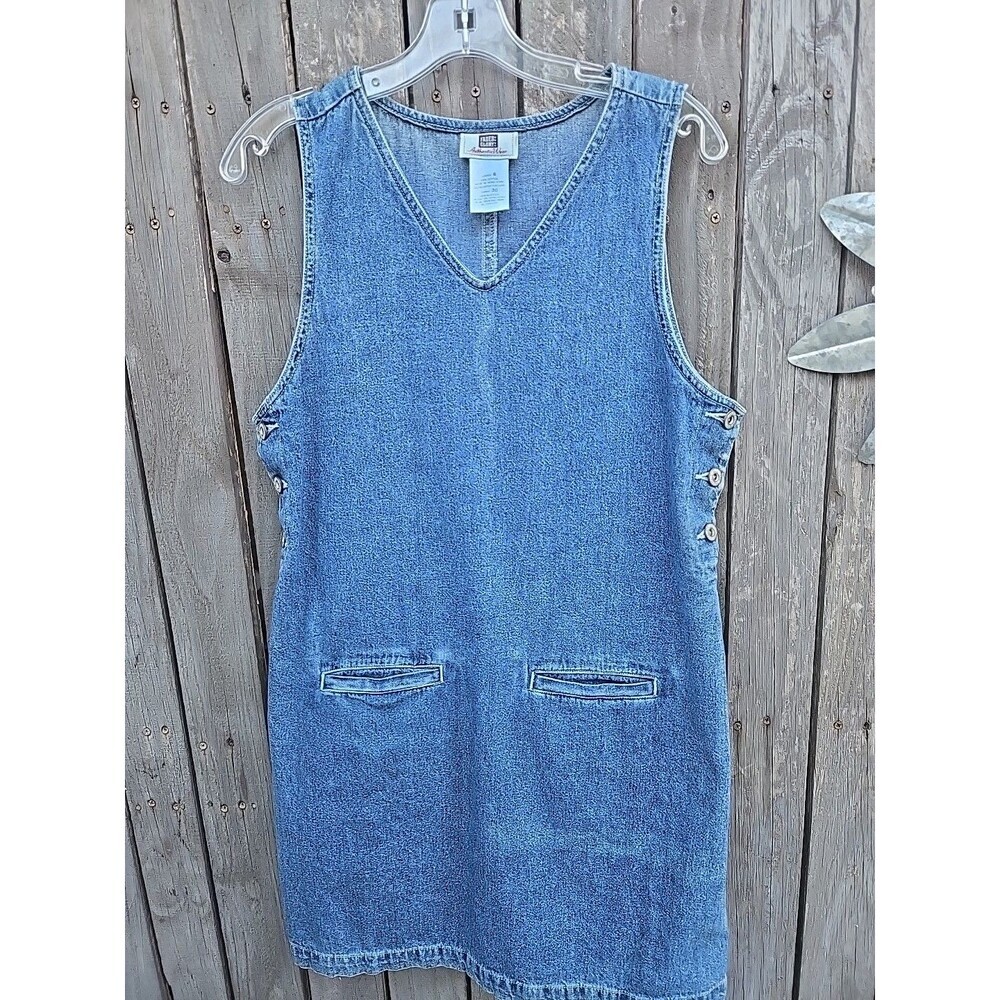 Vintage 90s Denim Jumper Dress Faded Glory Blue Sleeveless Pinafore Button Side